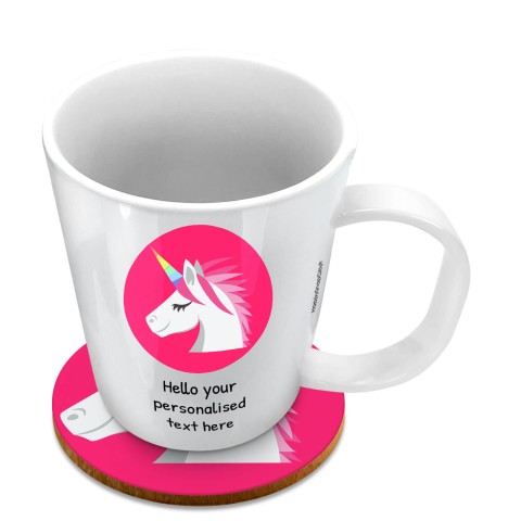 (11oz White) - Unicorn (Optional Personalised Gift Text) with 1 matching Circular Coaster