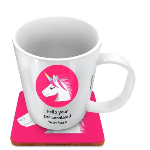 (11oz White) - Unicorn (Optional Personalised Gift Text) with 1 matching Square Coaster