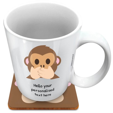 (XL 15oz White) - Speak no Evil Monkey (Optional Personalised Gift Text) with 1 matching Square Coaster