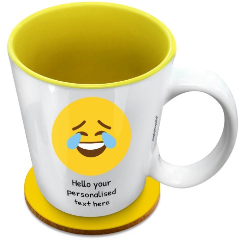 (XL 15oz Yellow) - Crying with Laughter (Optional Personalised Gift Text) with 1 matching Circular Coaster