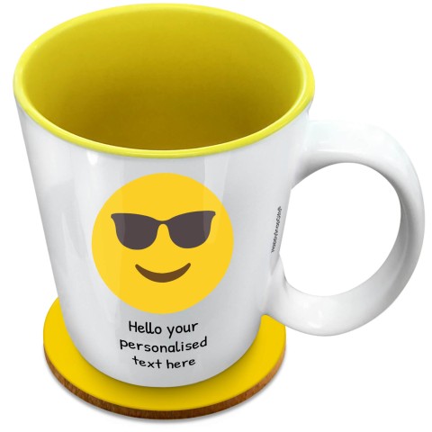 (XL 15oz Yellow) - Sunglasses (Optional Personalised Gift Text) with 1 matching Circular Coaster