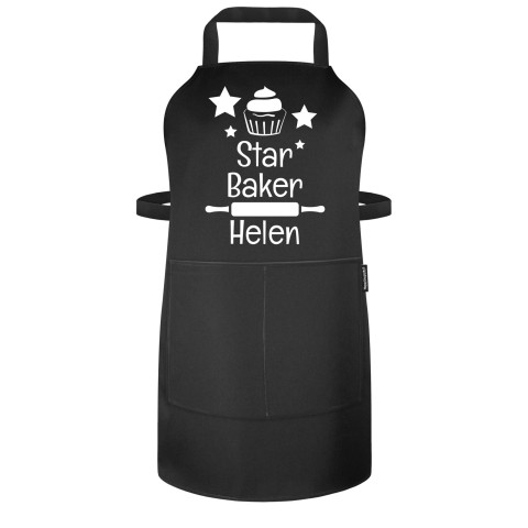 (70cm x 55cm) with Star Baker Icon - Black Polycotton Fabric (Personalised with Text) - Standard 25mm x 750mm with Matching Fabric Pocket