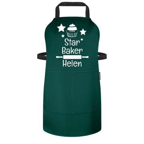 (70cm x 55cm) with Star Baker Icon - Dark Green Polycotton Fabric Adjustable Neck Fastening (Personalised with Text) - Standard 25mm x 750mm with Matching Fabric Pocket