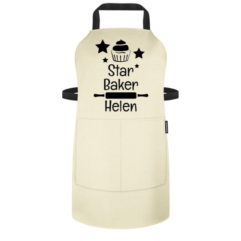 (70cm x 55cm) with Star Baker Icon - Natural Organic Cotton (Personalised with Text) - Standard 25mm x 750mm with Matching Fabric Pocket