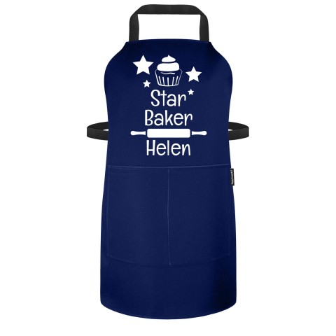 (70cm x 55cm) with Star Baker Icon - Navy Blue Polycotton Fabric (Personalised with Text) - Standard 25mm x 750mm with Matching Fabric Pocket
