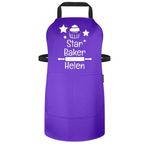 (70cm x 55cm) with Star Baker Icon - Purple Polycotton Fabric (Personalised with Text) - Standard 25mm x 750mm with Matching Fabric Pocket