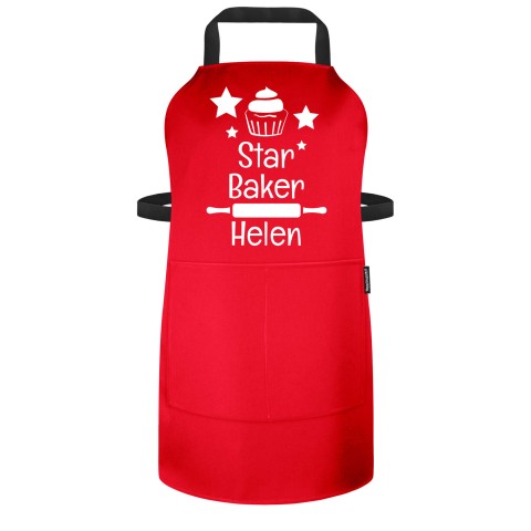 (70cm x 55cm) with Star Baker Icon - Red Polycotton Fabric Adjustable Neck Fastening (Personalised with Text) - Standard 25mm x 750mm with Matching Fabric Pocket