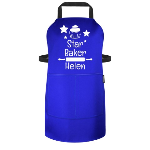 (70cm x 55cm) with Star Baker Icon - Royal Blue Polycotton Fabric Adjustable Neck Fastening (Personalised with Text) - Standard 25mm x 750mm with Matching Fabric Pocket
