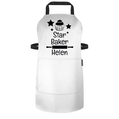 (70cm x 55cm) with Star Baker Icon - White Polycotton Fabric (Personalised with Text) - Standard 25mm x 750mm with Matching Fabric Pocket
