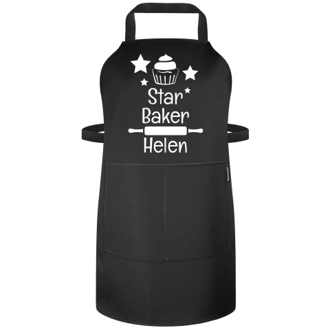 (90cm x 70cm) with Star Baker Icon - Black Polycotton Fabric Adjustable Neck Fastening (Personalised with Text) - Standard 25mm x 750mm with Matching Fabric Pocket