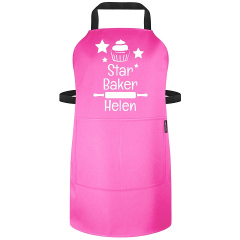 (90cm x 70cm) with Star Baker Icon - Bubblegum Pink Cotton Fabric Adjustable Neck Fastening (Personalised with Text) - Standard 25mm x 750mm with Matching Fabric Pocket