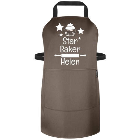(90cm x 70cm) with Star Baker Icon - Chocolate Luxury Cotton Fabric Adjustable Neck Fastening (Personalised with Text) - Standard 25mm x 750mm with Matching Fabric Pocket