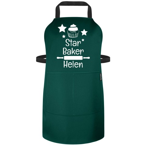 (90cm x 70cm) with Star Baker Icon - Dark Green Polycotton Fabric (Personalised with Text) - Standard 25mm x 750mm with Matching Fabric Pocket