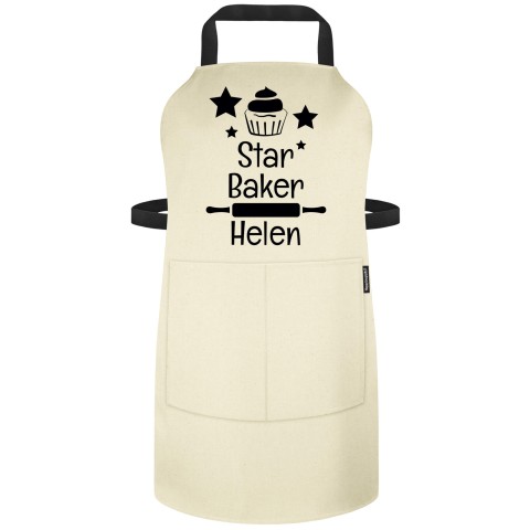 (90cm x 70cm) with Star Baker Icon - Natural Organic Cotton (Personalised with Text) - Standard 25mm x 750mm with Matching Fabric Pocket