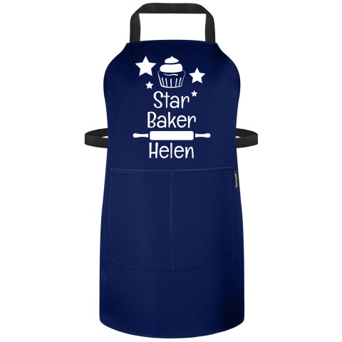 (90cm x 70cm) with Star Baker Icon - Navy Blue Polycotton Fabric (Personalised with Text) - Standard 25mm x 750mm with Matching Fabric Pocket