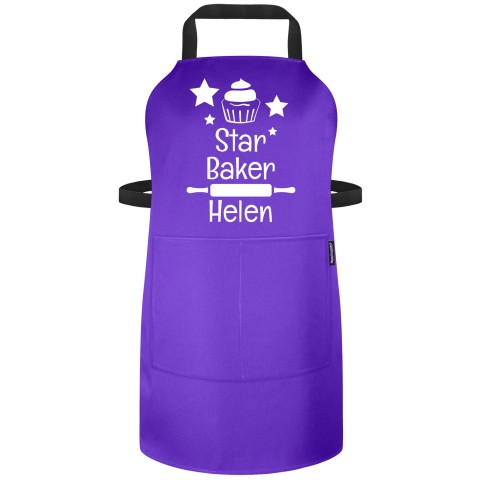 (90cm x 70cm) with Star Baker Icon - Purple Polycotton Fabric (Personalised with Text) - Standard 25mm x 750mm with Matching Fabric Pocket