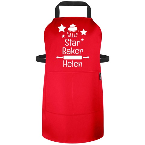 (90cm x 70cm) with Star Baker Icon - Red Polycotton Fabric (Personalised with Text) - Standard 25mm x 750mm with Matching Fabric Pocket