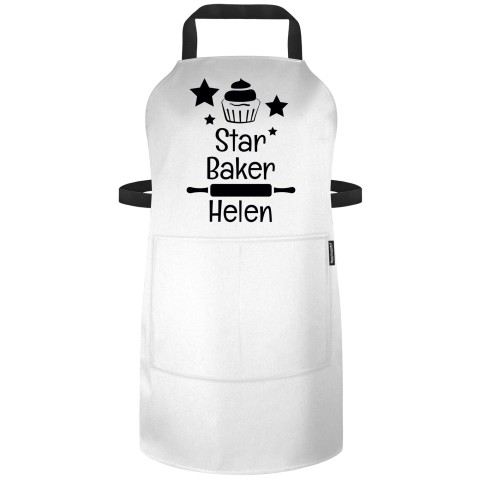 (90cm x 70cm) with Star Baker Icon - White Polycotton Fabric Adjustable Neck Fastening (Personalised with Text) - Standard 25mm x 750mm with Matching Fabric Pocket