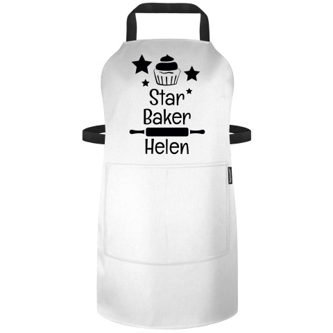 (90cm x 70cm) with Star Baker Icon - White Polycotton Fabric (Personalised with Text) - Standard 25mm x 750mm with Matching Fabric Pocket