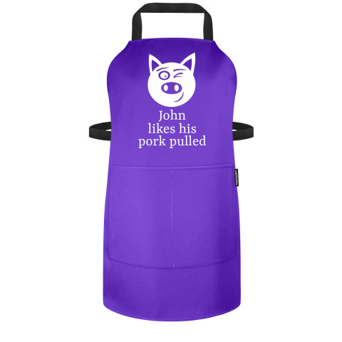 (70cm x 55cm) with Pulled Pork Icon - Purple Polycotton Fabric (Personalised with Name) and Matching Fabric Pocket