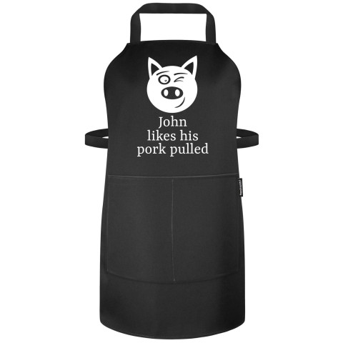 (90cm x 70cm) with Pulled Pork Icon - Black Polycotton Fabric (Personalised with Name) and Matching Fabric Pocket