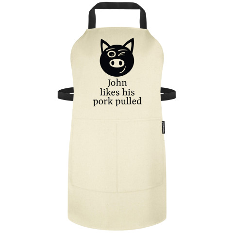 (90cm x 70cm) with Pulled Pork Icon - Natural Organic Cotton Adjustable Neck Fastening (Personalised with Name) and Matching Fabric Pocket