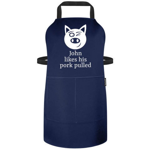 (90cm x 70cm) with Pulled Pork Icon - Navy Blue Polycotton Fabric Adjustable Neck Fastening (Personalised with Name) and Matching Fabric Pocket