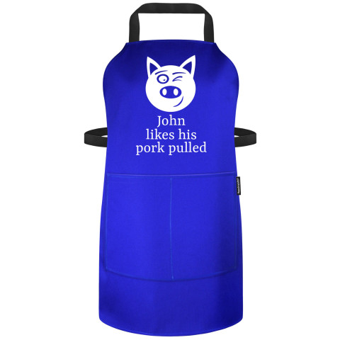 (90cm x 70cm) with Pulled Pork Icon - Royal Blue Polycotton Fabric Adjustable Neck Fastening (Personalised with Name) and Matching Fabric Pocket