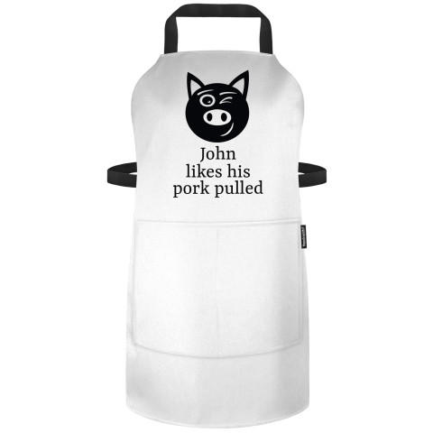 (90cm x 70cm) with Pulled Pork Icon - White Polycotton Fabric Adjustable Neck Fastening (Personalised with Name) and Matching Fabric Pocket