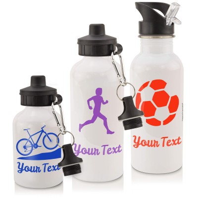 Sports Water Bottle in White 600ml and 400ml Personalised with Text