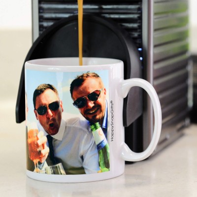 Personalised Photo Mug Being Used with Coffee Machine from HappySnapGifts