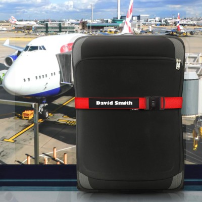 Personalised Luggage Strap with Combination Lock Shown on Suitcase
