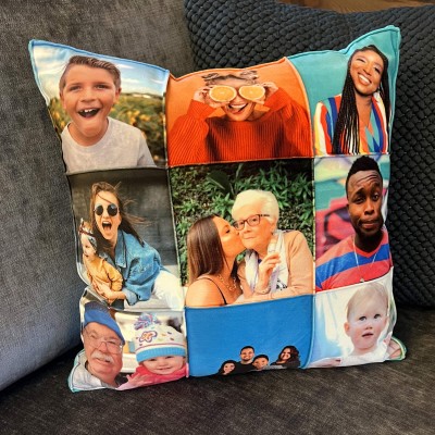 Photo Memory Cushion with many collage photos on a HappySnapGifts® Photo Cushion