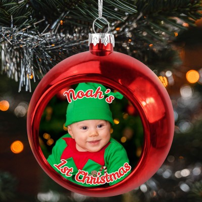 Personalised First Christmas Bauble In Use Hanging on a Christmas Tree