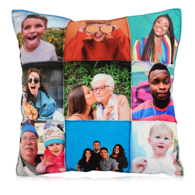 Photo Memory Cushion with many collage photos on a HappySnapGifts® Photo Cushion