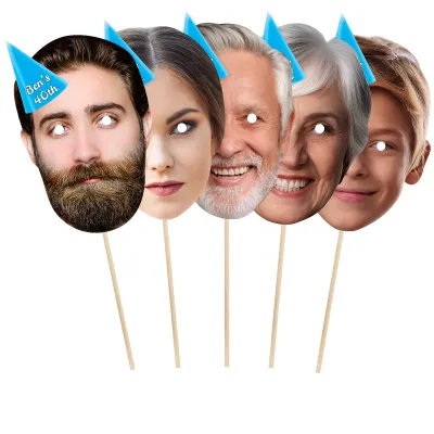 Pack of 5 (A4) with Hat Theme (Blue) Finished Masks + Sticks (Personalised with Text)