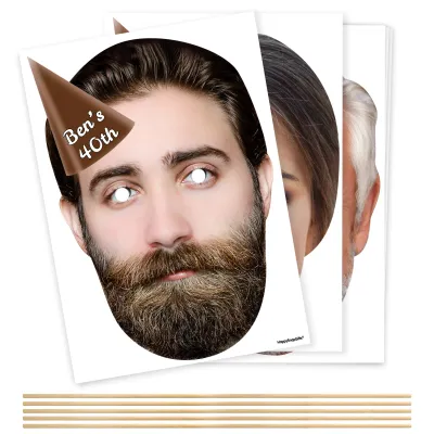 Pack of 5 (A4) with Hat Theme (Brown) DIY Masks + Sticks (Personalised with Text)