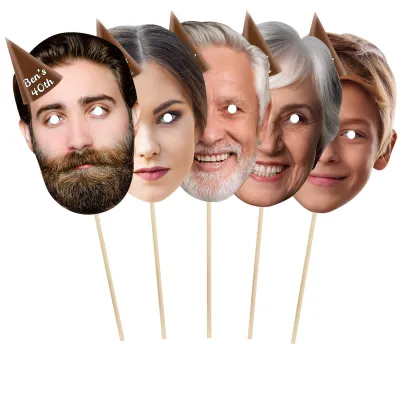 Pack of 5 (A4) with Hat Theme (Brown) Finished Masks + Sticks (Personalised with Text)