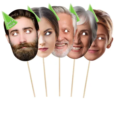 Pack of 5 (A4) with Hat Theme (Green) Finished Masks + Sticks (Personalised with Text)