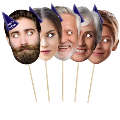 Pack of 5 (A4) with Hat Theme (Navy Blue) Finished Masks + Sticks (Personalised with Text)