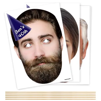 Pack of 5 (A4) with Hat Theme (Navy Blue) DIY Masks + Sticks (Personalised with Text)