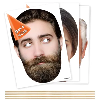 Pack of 5 (A4) with Hat Theme (Orange) DIY Masks + Sticks (Personalised with Text)