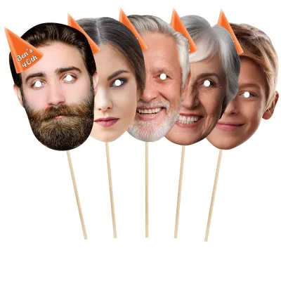 Pack of 5 (A4) with Hat Theme (Orange) Finished Masks + Sticks (Personalised with Text)