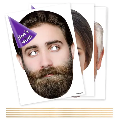 Pack of 5 (A4) with Hat Theme (Purple) DIY Masks + Sticks (Personalised with Text)