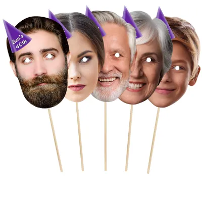 Pack of 5 (A4) with Hat Theme (Purple) Finished Masks + Sticks (Personalised with Text)