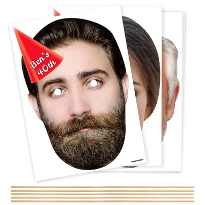 Pack of 5 (A4) with Hat Theme (Red) DIY Masks + Sticks (Personalised with Text)