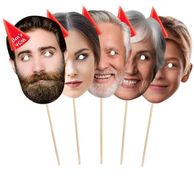 Pack of 5 (A4) with Hat Theme (Red) Finished Masks + Sticks (Personalised with Text)