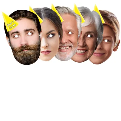 Pack of 5 (A4) with Hat Theme (Yellow) Finished Masks + Elastics (Personalised with Text)