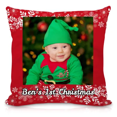 (25cm Square) - Snowflakes on Red Design Soft Velvet Polyester Fabric (Personalised with Text)