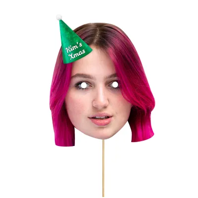 Single Mask x 1 (A4) with Hat Theme (Snowflakes Green) Finished Mask + Stick (Personalised with Text)